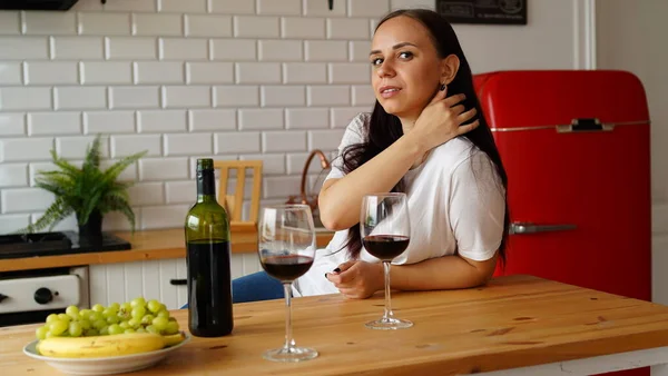 Young Woman Drinking Red Wine Table Close Adult Female Takes — Stock Photo, Image