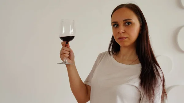 Woman White Shirt Drinks Wine — Stock Photo, Image