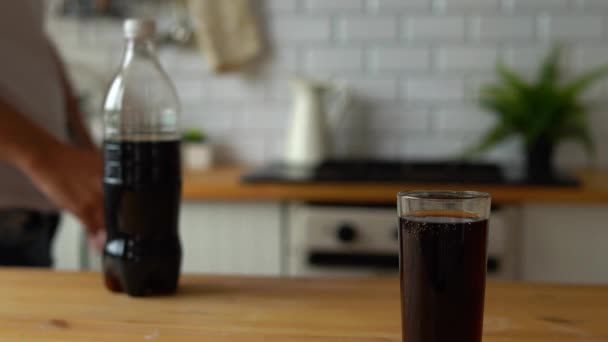 Close Men Hands Taking Glass Lemonade Kitchen Man Drinking Cola — Stock Video