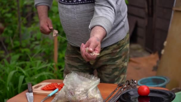 成熟的人把原始的沙士力克塞到斜子上 紧紧抓住男人的手 用烤肉夹住不放 户外野餐的概念 — 图库视频影像