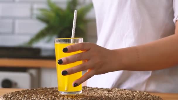 Close Woman Hand Taking Glass Lemonade Kitchen Woman Drinking Orange — Stock Video
