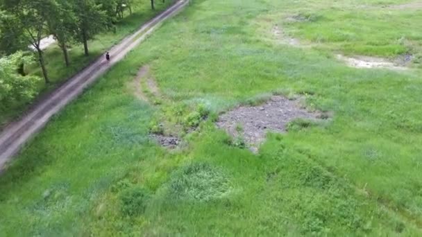 Vista Aérea Mujer Caminando Campo Vista Pájaro Turista Hembra Que — Vídeos de Stock