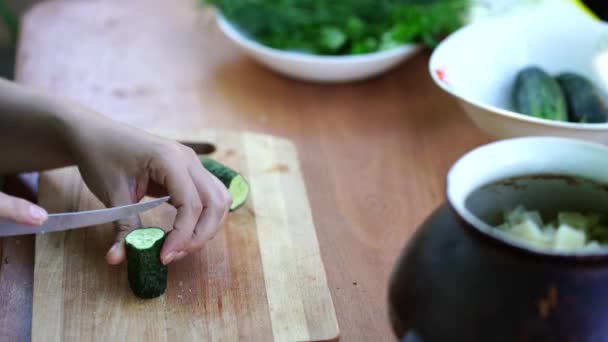 女人在户外的木板上切青黄瓜 用刀割菜板上的刀割蔬菜妇女双手的特写 — 图库视频影像