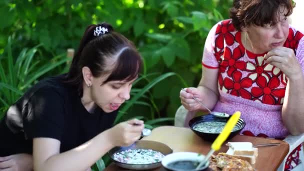 Close Two Women Eating Cold Soup Females Enjoying Okroshka Sitting — Stock Video