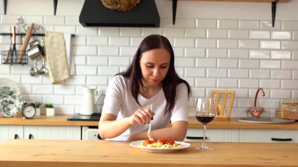 Young Woman Eating Dish White Plate Adult Female Chewing Food — Stock Video