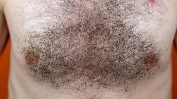 Close up of male hairy chest. Part of body with hair