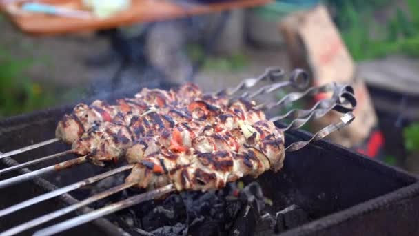 Primo Piano Shashlik Tostato Sugli Spiedini Succulenta Grigliata Arrosto Chargrill — Video Stock