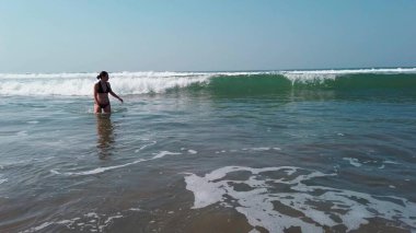 Deniz suyunda yüzen ve güneşli bir günde dinlenirken köpüklü dalgaları bekleyen ıslak dişinin yan görüntüsü