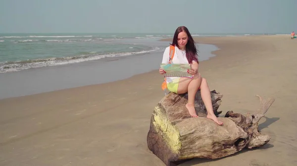 Traveling Young Woman Sitting Log Looking Map Sea Ocean Bright — Stock Photo, Image