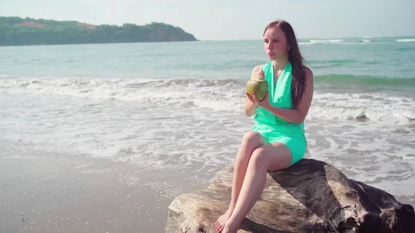 Beautiful Young Woman Sitting Log Drinking Coconut Sea Ocean Bright — Stock Photo, Image