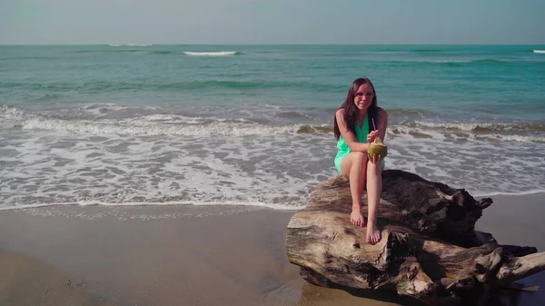 Uma Bela Jovem Está Sentada Tronco Bebendo Coco Junto Mar — Fotografia de Stock