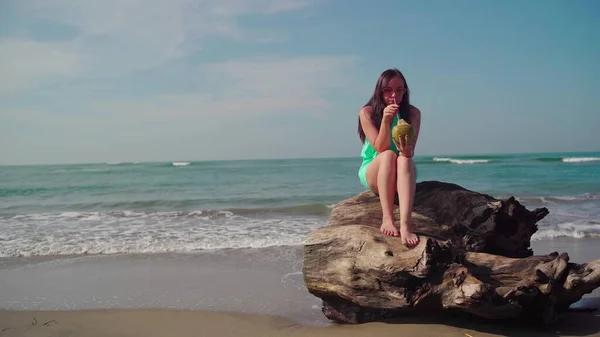 在阳光灿烂的日子里 一位美丽的年轻女子正坐在木头上 在海边或海边喝着椰子 — 图库照片