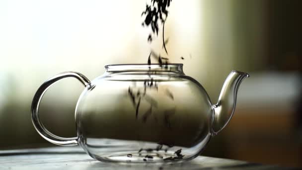 Çay Yaprakları Büyük Şeffaf Çaydanlığa Serpiştiriliyor Çay Partisi Kavramı Zaman — Stok video