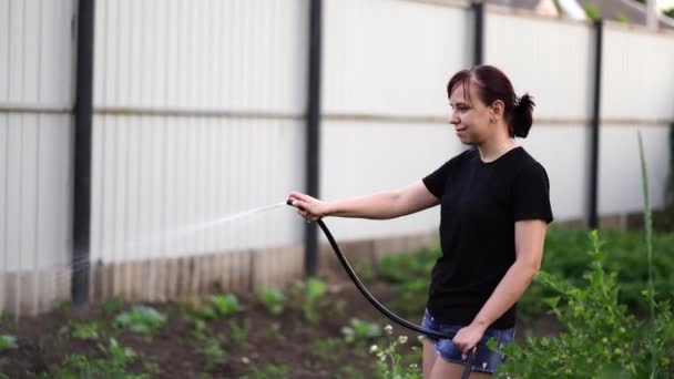 Junge Frau Gießt Gemüsegarten Aus Schlauch Großaufnahme Der Weiblichen Bewässerung — Stockvideo