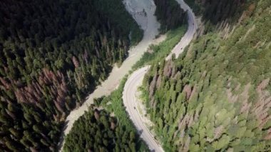 Dağ nehri taştan kıyıya doğru akıyor. Temiz su yolu güneşli havada taşların üzerinden akar..