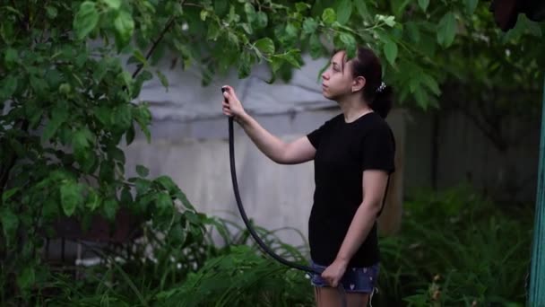 Νεαρή Γυναίκα Πότισμα Λαχανόκηπος Από Λάστιχο Κοντινό Πλάνο Του Φλερτ — Αρχείο Βίντεο
