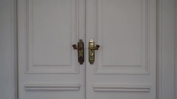 白い閉じたダブルドアのクローズアップ ドアの金メッキドアハンドル — ストック動画