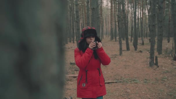 Portrait Pretty Woman Cup Tea Woods Woman Jacket Hat Earflaps — Stock Video
