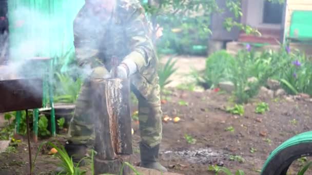 Mature Man Chopping Wood Log Outdoor Close Men Hands Cutting — Stock Video