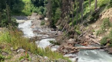 Dağ nehri taştan kıyıya doğru akıyor. Temiz su yolu güneşli havada taşların üzerinden akar..