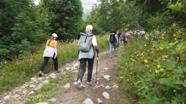 Dombay Ryssland Juli 2020 Grupp Människor Vandrar Skogsområden Och Kuperade — Stockvideo