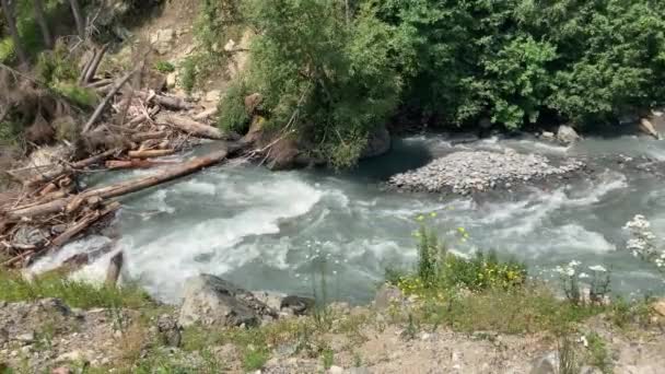 山間部を流れる水路の閉鎖 夏になると山間部の石を流れる川 — ストック動画