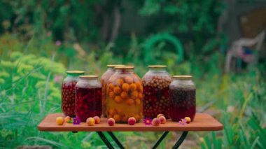 Kavanozlu kompot. Mühürlü cam kavanozlar ve kompot bahçedeki yaz günü çiçeklerin ve meyvelerin yanına konur..