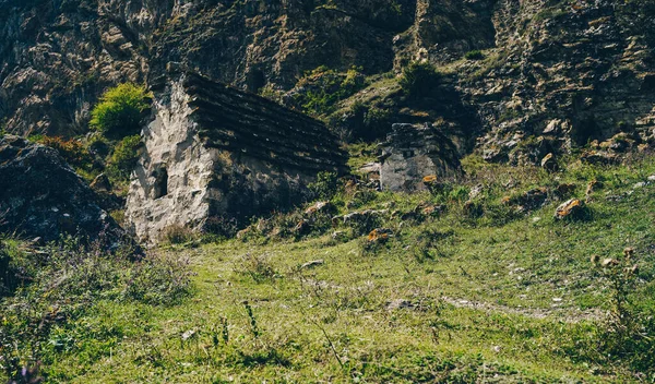 Casas Pedra Antigas Montanhas Verdes Paisagem Incrível Com Edifícios Pedra — Fotografia de Stock