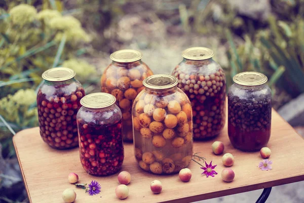 Beaucoup Pots Verre Fruits Conserve Sont Dans Rue Des Pots — Photo