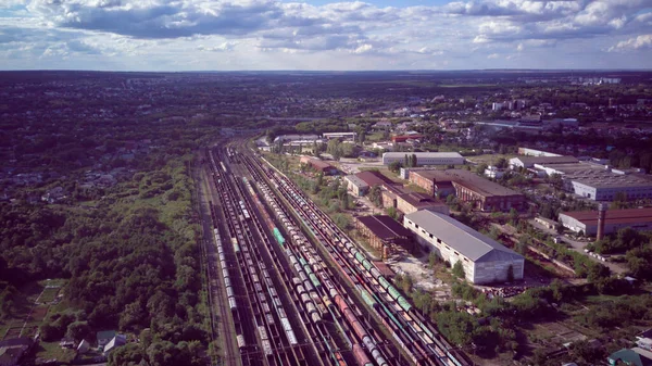 Aerial view of railway station in countryside. Bird\'s eye view of railroad station with freight trains in summertime