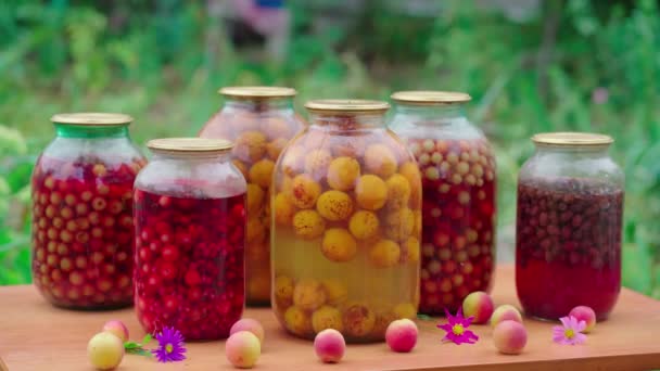 街上有很多玻璃瓶的罐装水果 花园里的腌制水果罐子在桌子上 — 图库视频影像