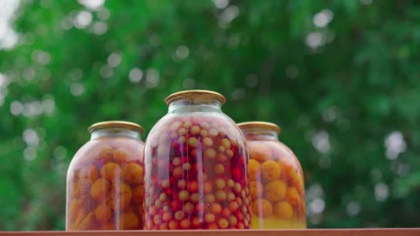 Muitos Frascos Vidro Frutas Enlatadas Rua Frutas Conserva Jardim Estão — Vídeo de Stock
