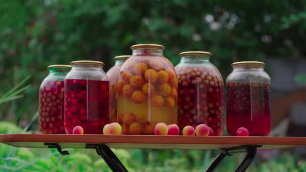 Frascos Con Kompot Mesa Frascos Vidrio Sellados Con Kompot Colocados — Vídeo de stock