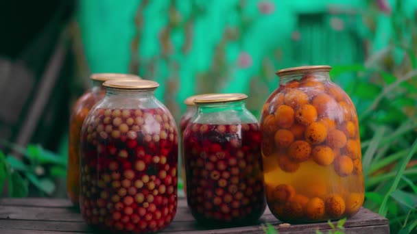 汤锅放在桌上的罐子 园中的花朵和水果旁边放着密封的玻璃瓶 上面放着汤锅 — 图库视频影像