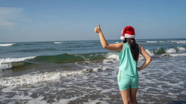 Vue Arrière Jeune Femme Chapeau Père Noël Debout Sur Bord — Photo