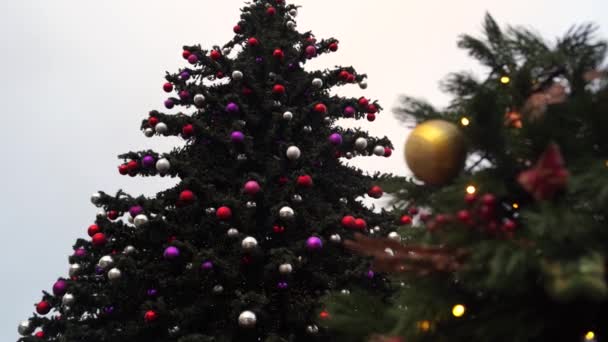 Zamknij Część Choinki Różnych Zabawek Świątecznych Girlandy Ulicy Mieście Wieczorem — Wideo stockowe