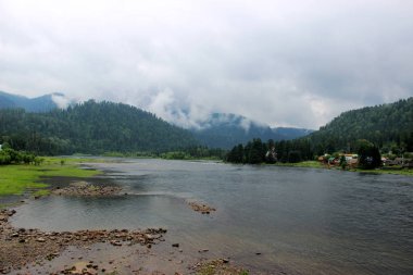 dağlar, peyzaj, tayga, Sibirya, yamaçları, bulutlar, Vadisi, çam, Sedir, köy, mavi, sis, spor, aktif, altay, göl, çim, ağaçlar, bitkiler, vahşi orman, taşlar, tazelik