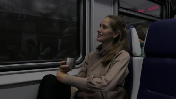 Beautiful Young Woman Holding Cup Tea Traveling Train — Stock Video