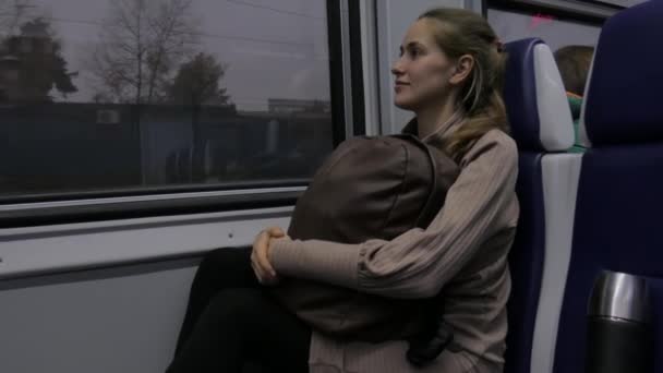 Beautiful Young Woman Holding Bag Her Hands Traveling Train — Stock Video