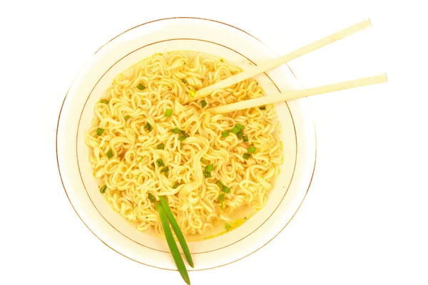 Pohled Shora Fastfood Polívku Zelenou Cibuli Hůlky Surového Ramen Instantní — Stock fotografie