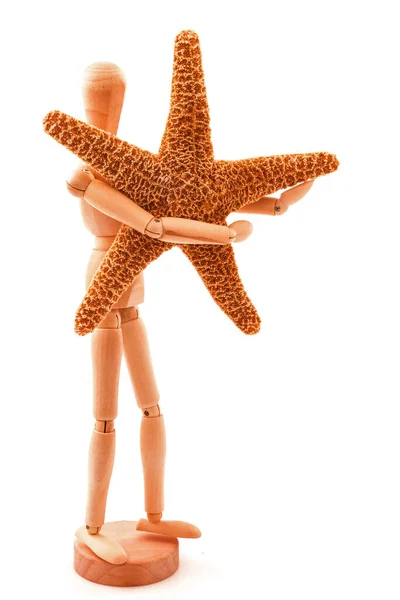 Concept Sea Star Seastar Standing Wooden Toy Isolated White Background — Stock Photo, Image