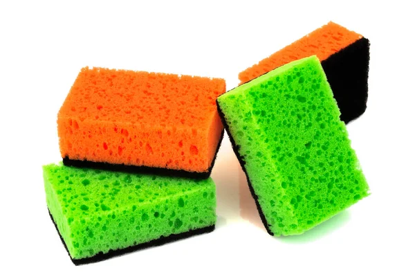 Farve Grøn Orange Blå Gule Rengøringsmidler Svamp Isoleret Hvid Baggrund - Stock-foto