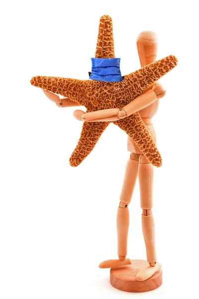 Coronavirus Concept Wooden Toy Sea Star Blue Protective Medicine Surgical — Stock Photo, Image