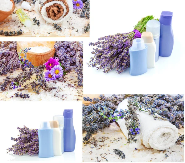 Set Samling Lavendel Blomma Vriden Badhandduk Med Havssalt Olja Och — Stockfoto