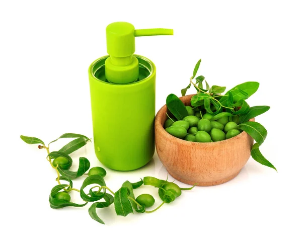 Olijfje Met Verse Bladeren Groene Fles Met Bad Gel Douche — Stockfoto