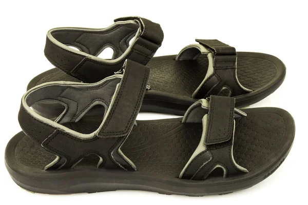 Par Svart Fashionabla Läder Sandaler Isolerade Vit Bakgrund — Stockfoto