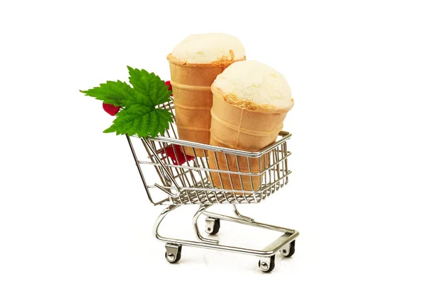 Два Вкусных Молочного Мороженого Вафлях Свежим Зеленым Листом Металлических Магазинах — стоковое фото