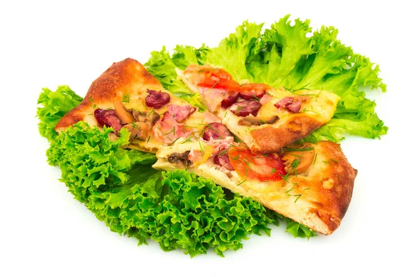 Brød Velsmakende Pizza Med Salatblader Isolert Hvit Bakgrunn – stockfoto