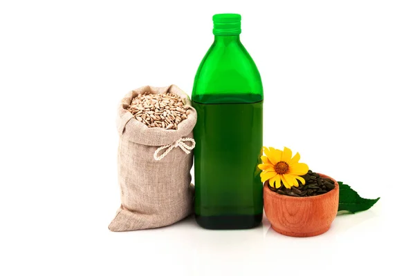 Sunflower Oil Glass Bottle Sunflower Seeds Sack Rustic Wooden Bowl — Stock Photo, Image