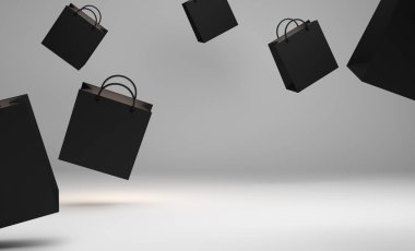Aydınlatma, kopya alanı metin, siyah Cuma satış olayı için yaratıcı tasarım Studio boş siyah alışveriş çantası. 3D render illüstrasyon.
